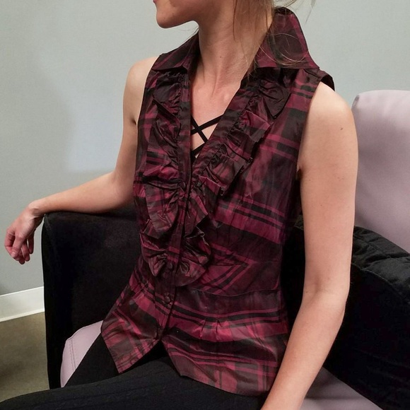 Ann Taylor Taffeta 100% Silk Ruffled Button Down Blouse - Picture 1 of 8